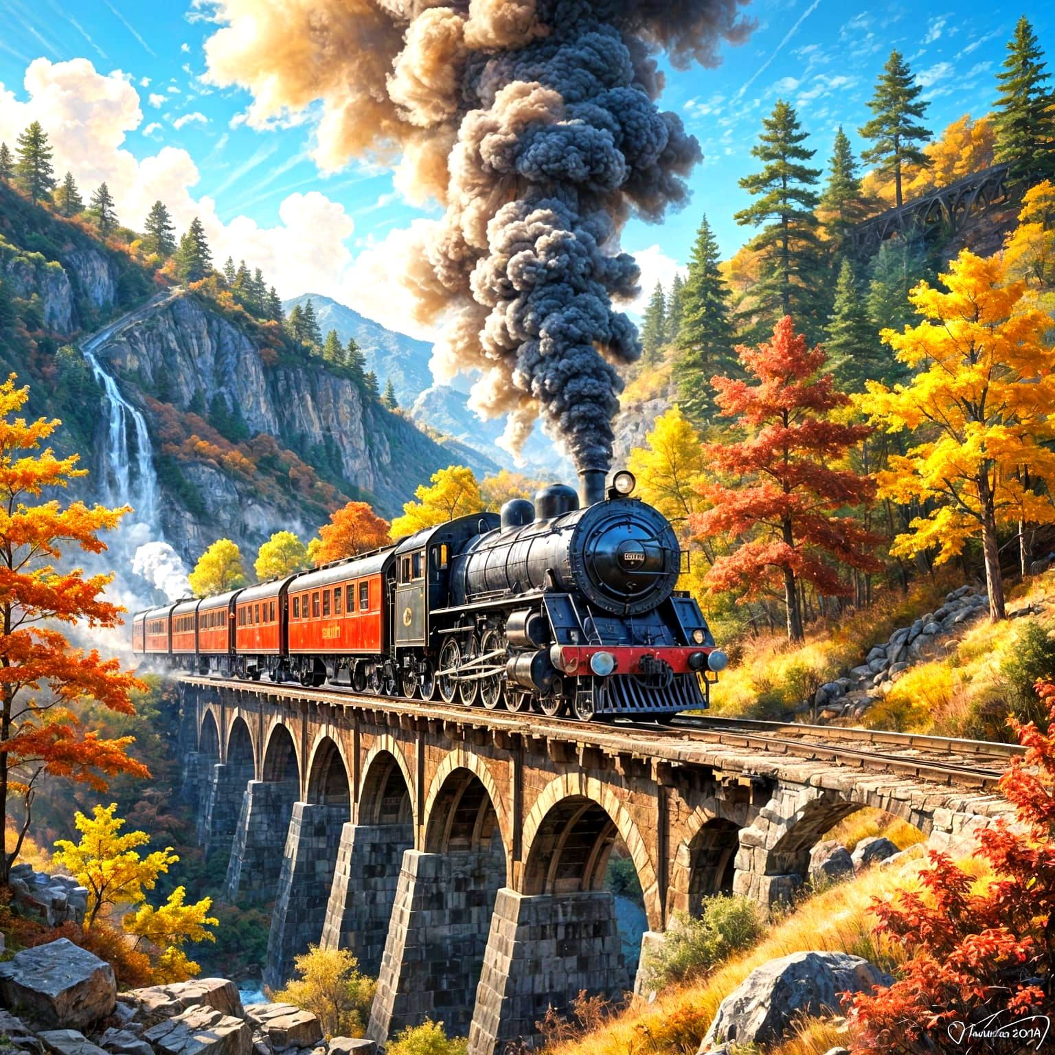 Classic Steam Locomotive Crossing Autumn Landscape in Impres...