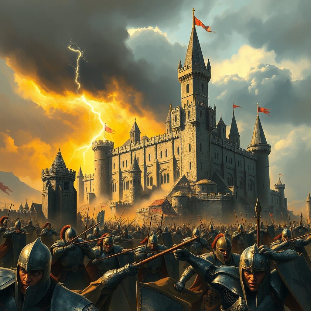 Medieval Castle Under Siege in Vibrant, Stormy Colors