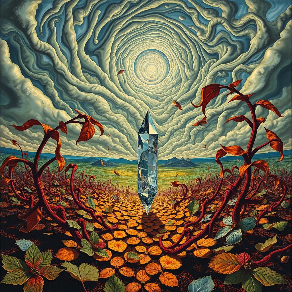 Surreal Landscape with Elastic Flora and Crystal Vortex