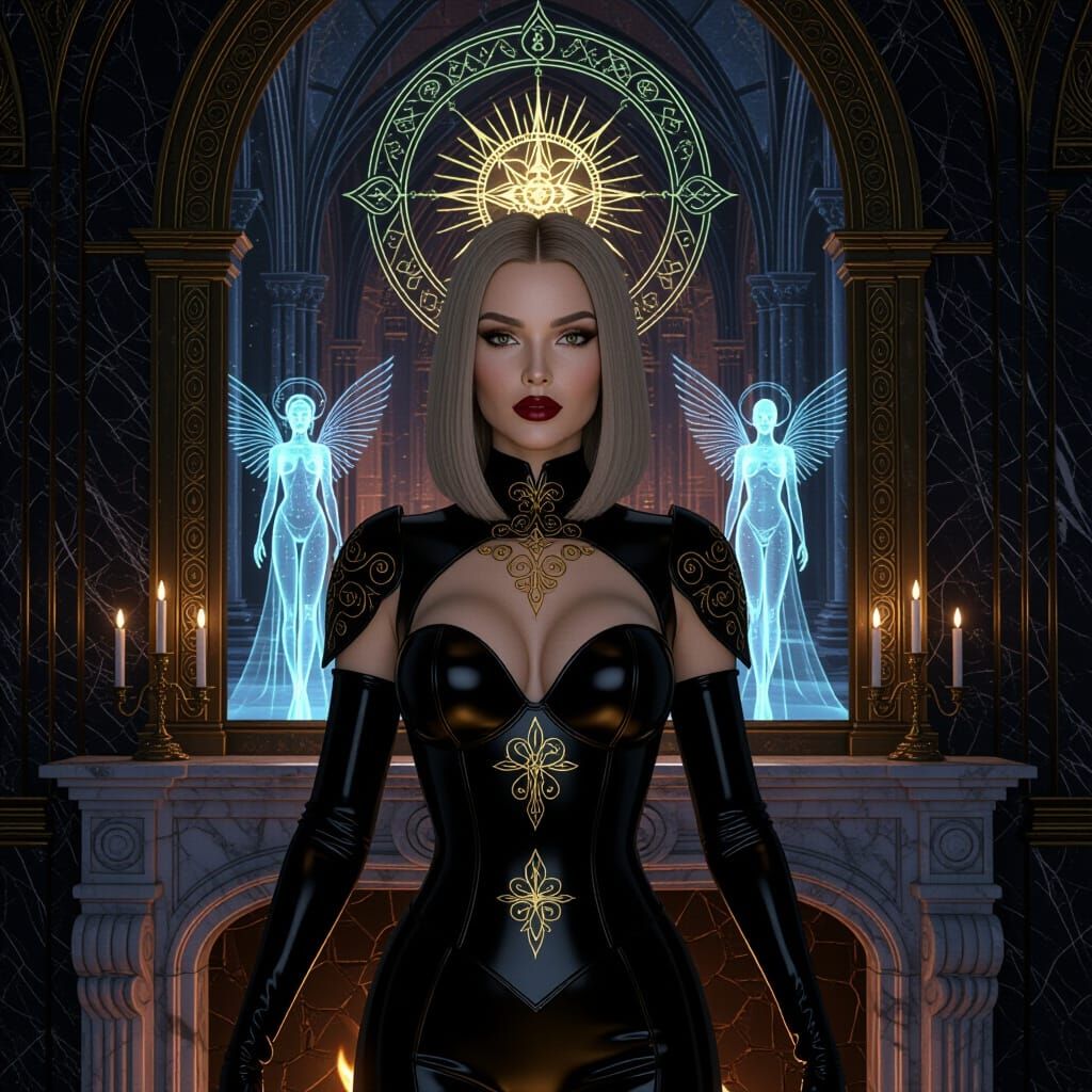 Cyber-Baroque Woman Emerges from Gothic Portal