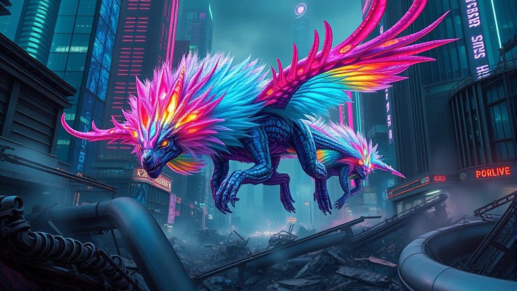 Iridescent Creature Soars Over Futuristic Metropolis