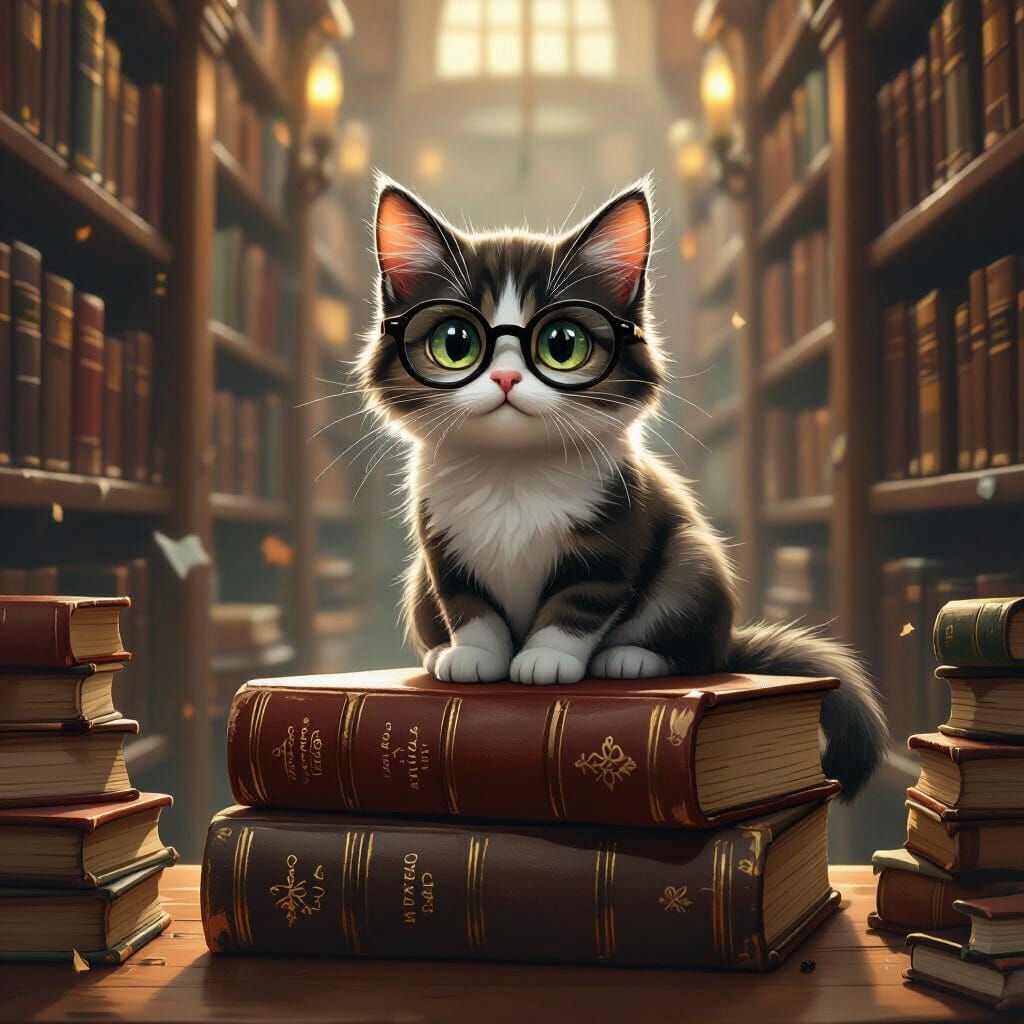 Cat Reader in Library, Fantasy Art Style