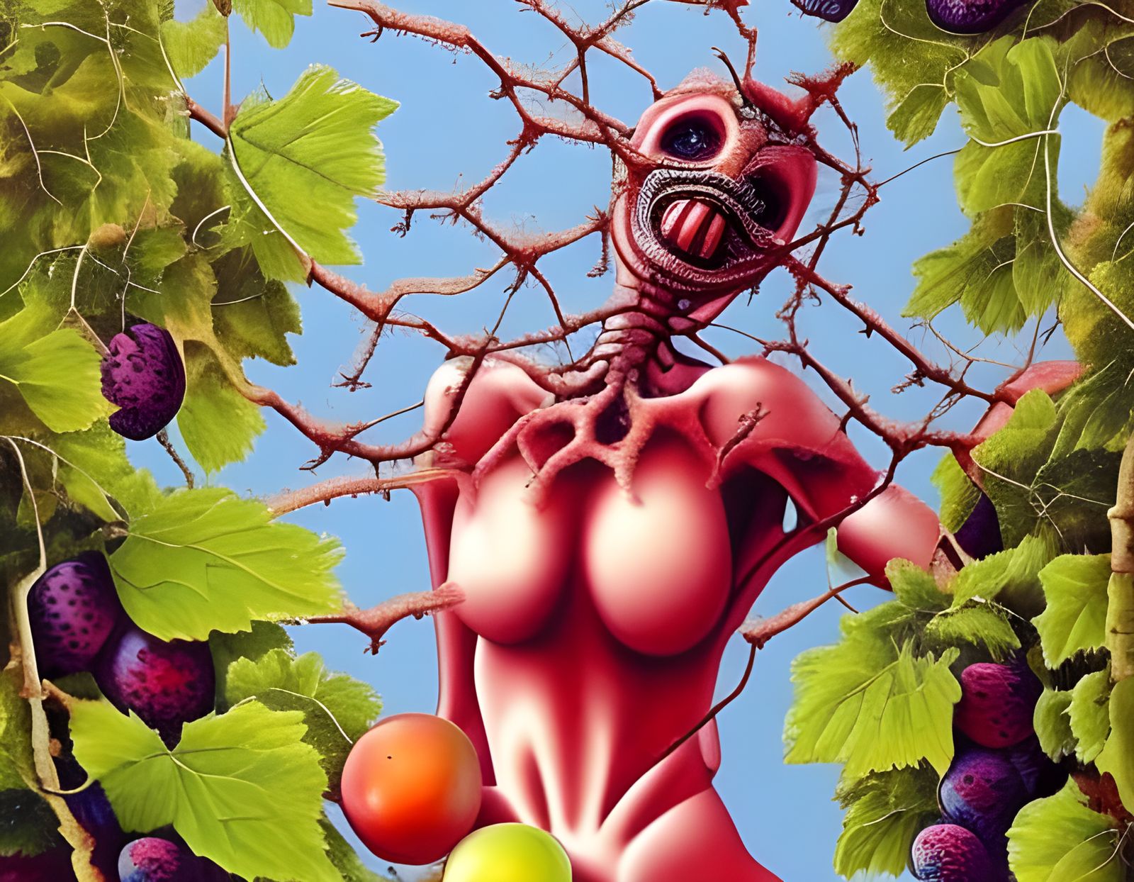 Alien Creatures Build Nest in Fruit Tree, Hyperrealistic Oil...