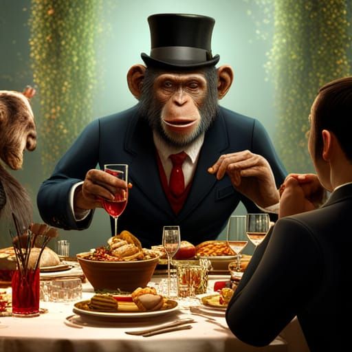 Chimpanzee Dinner Party in Detailed Matte Painting