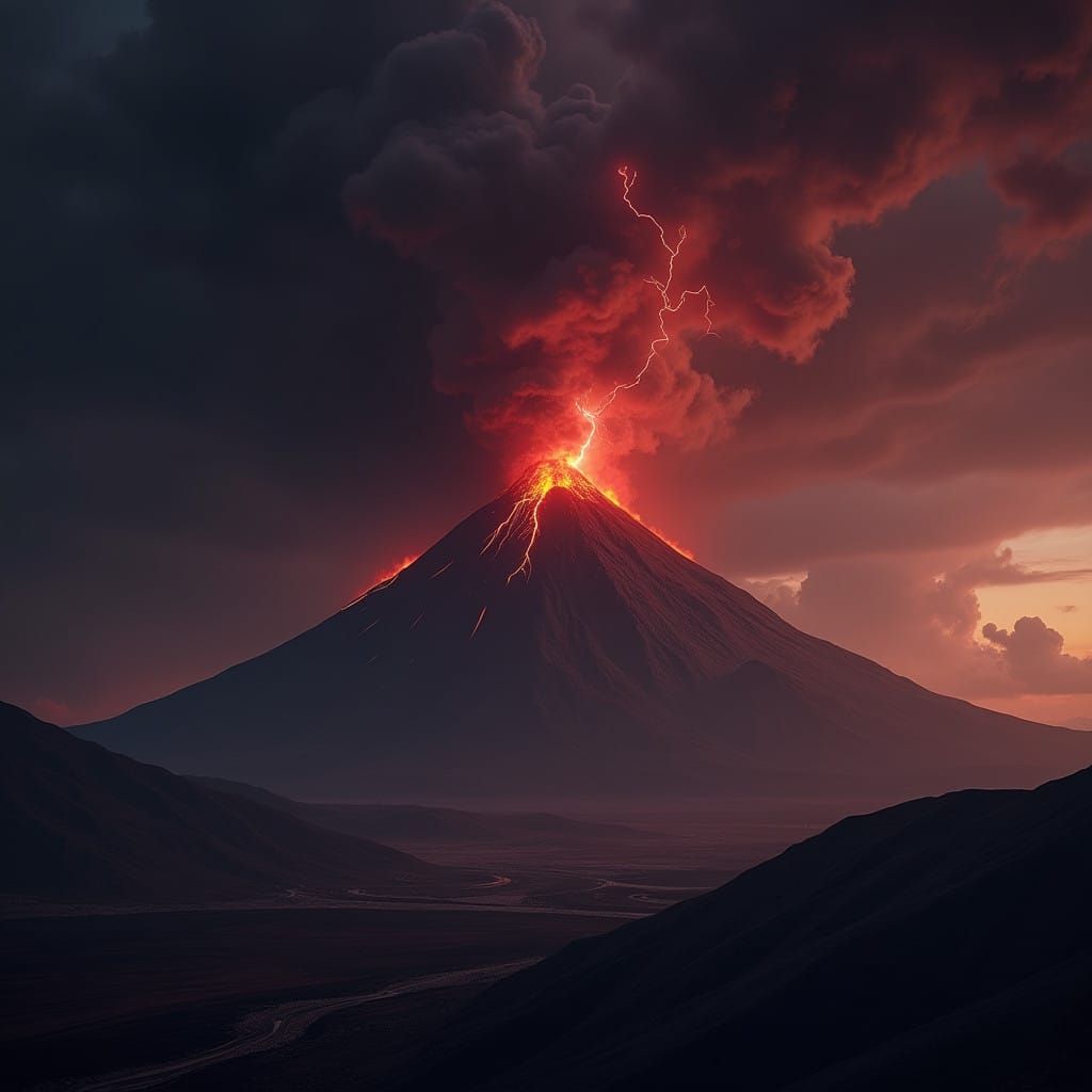 Dark Fantasy World with Volcano and Ominous Stormy Skies