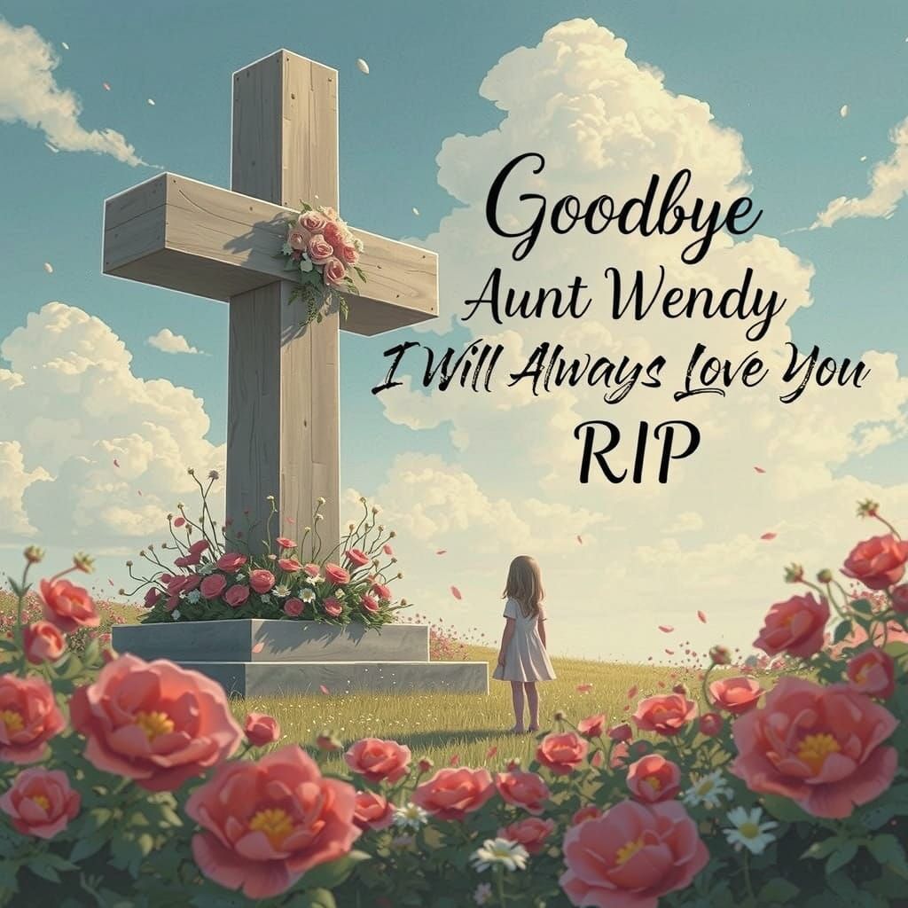 Create a beautiful memorial with red, purple , and white flowers, a cross, sunshine , tiny person, long blonde hair, 5 y...