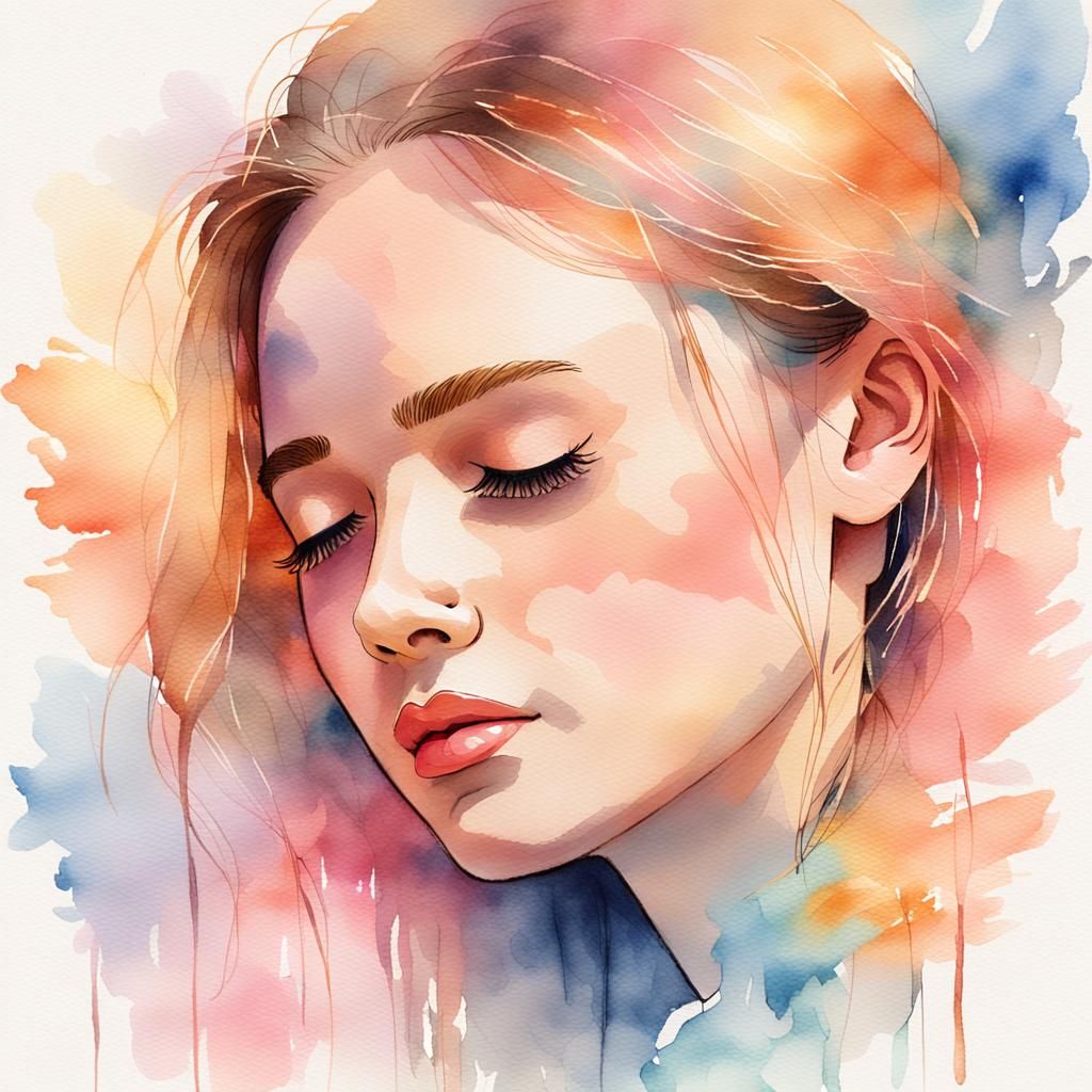 Watercolor Portrait of a Shy Young Woman