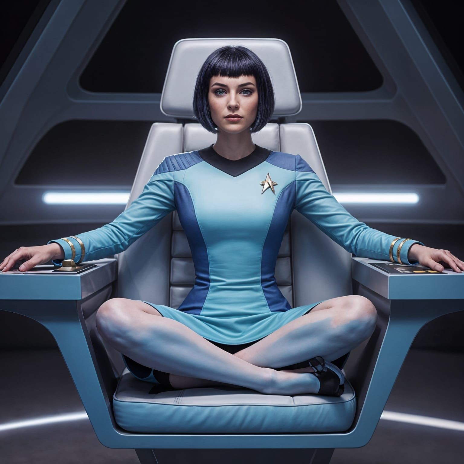 Woman in Futuristic Dress in Command Chair
