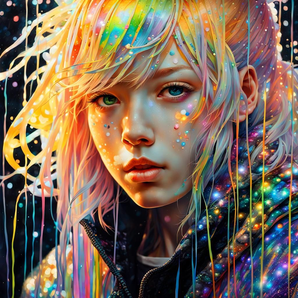 Anime Girl with Rainbow Hair in Drip Painting Style