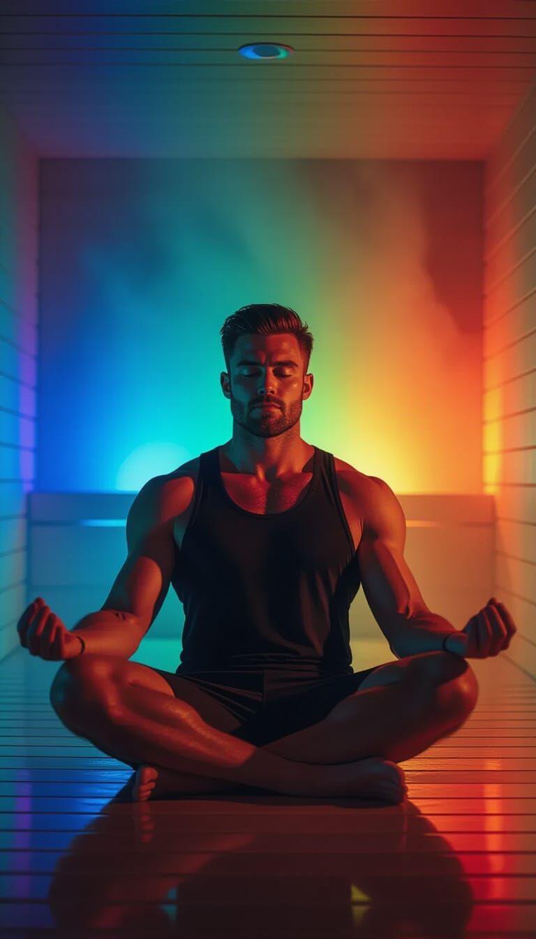 Meditating Man in Rainbow Sauna, Cinematic Still