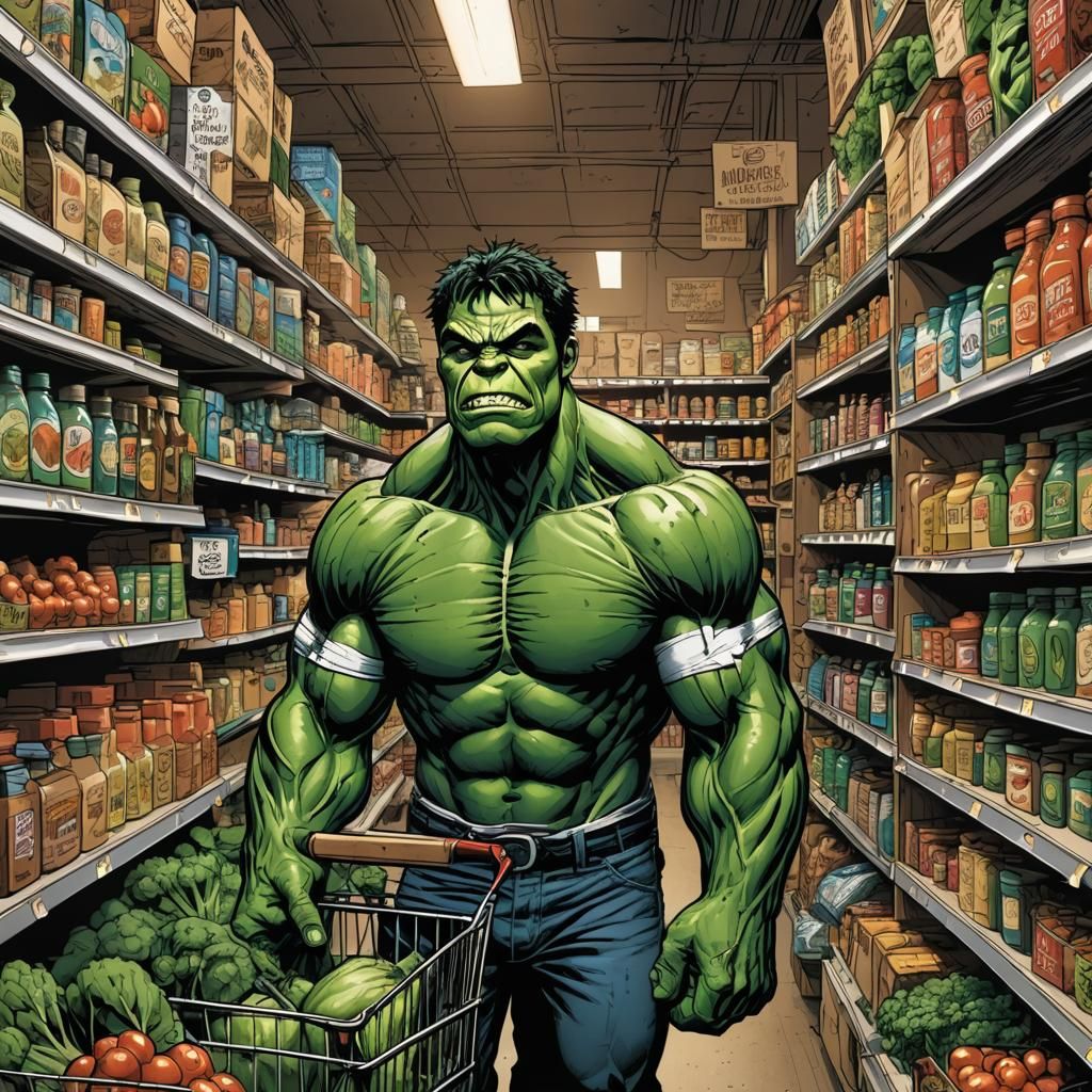 Hulk Grocery Shopping: Comic Book Art Illustration