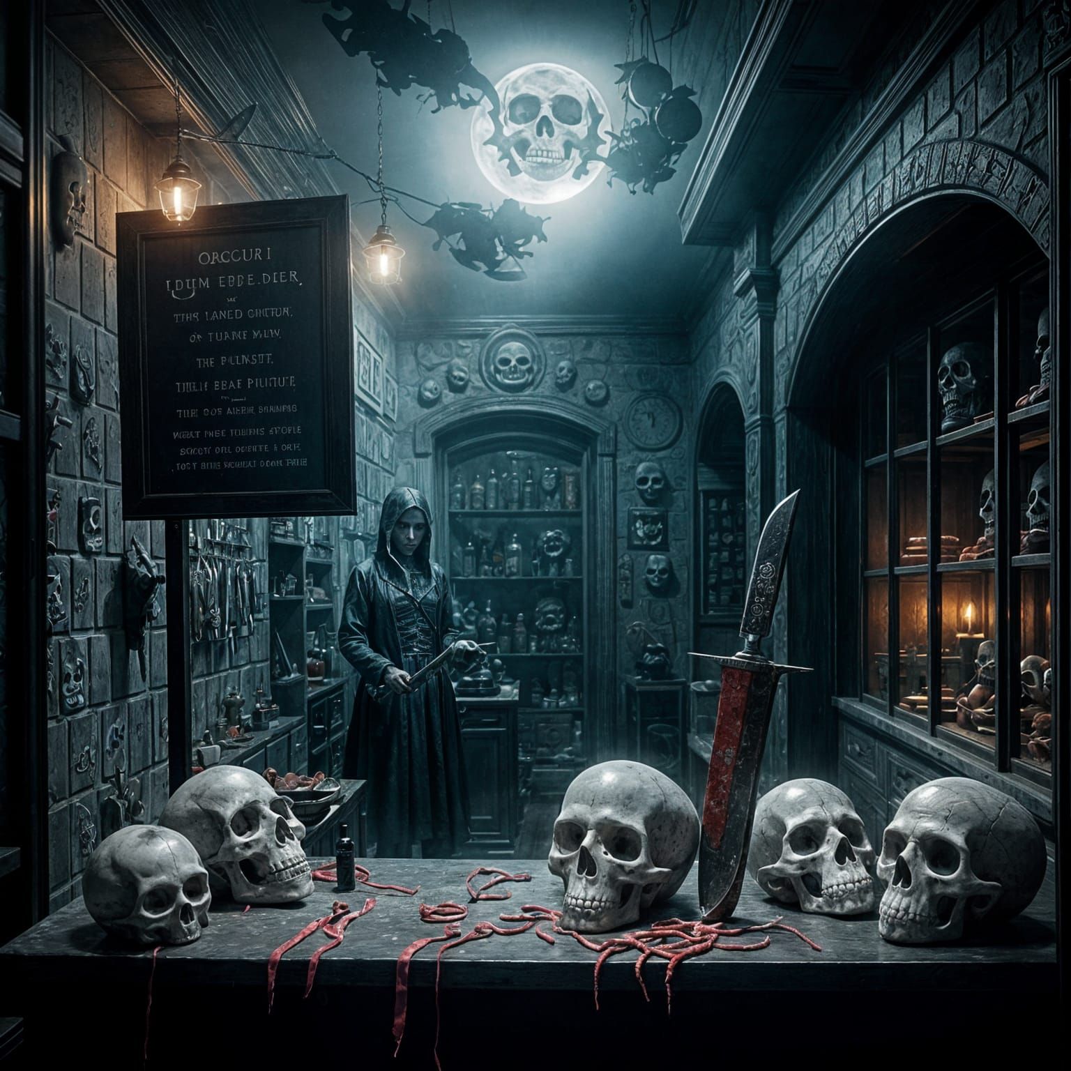 Occult Shop in Moonlight With Bloody Sign