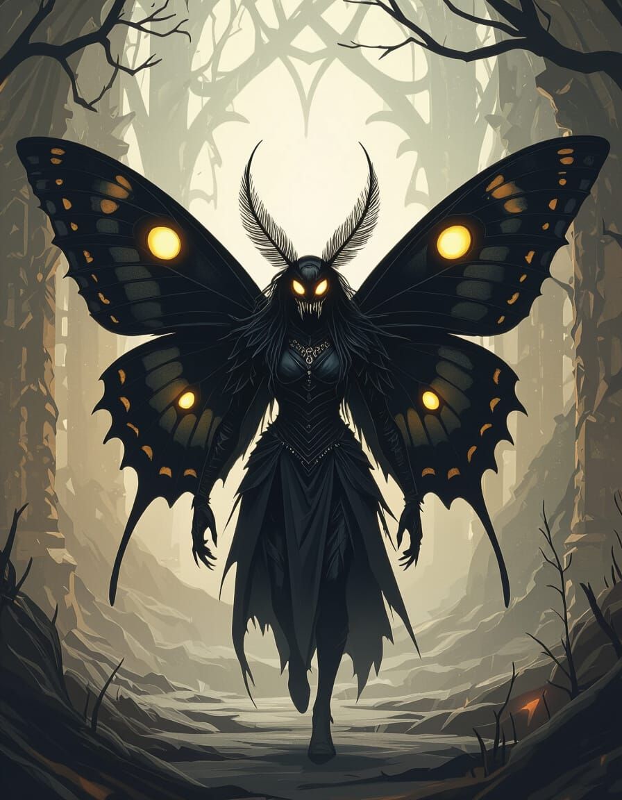 Sinister Humanoid Moth Sorcerer with Glowing Eyes