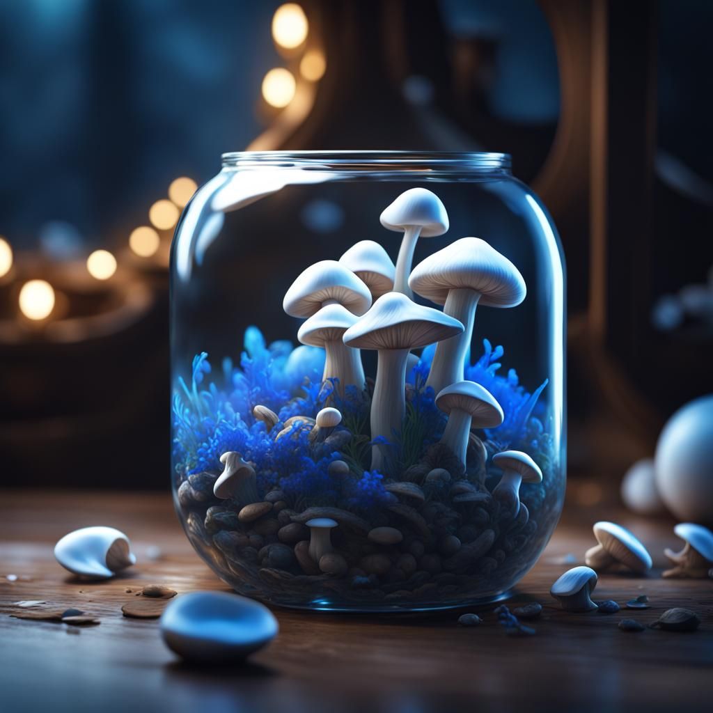 Luminescent Blue and White Mushrooms in a Jar
