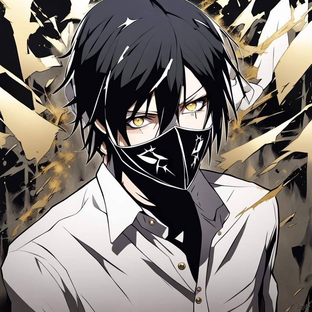 Ink-Masked Figure with Shattered Mirror, in Anime Style