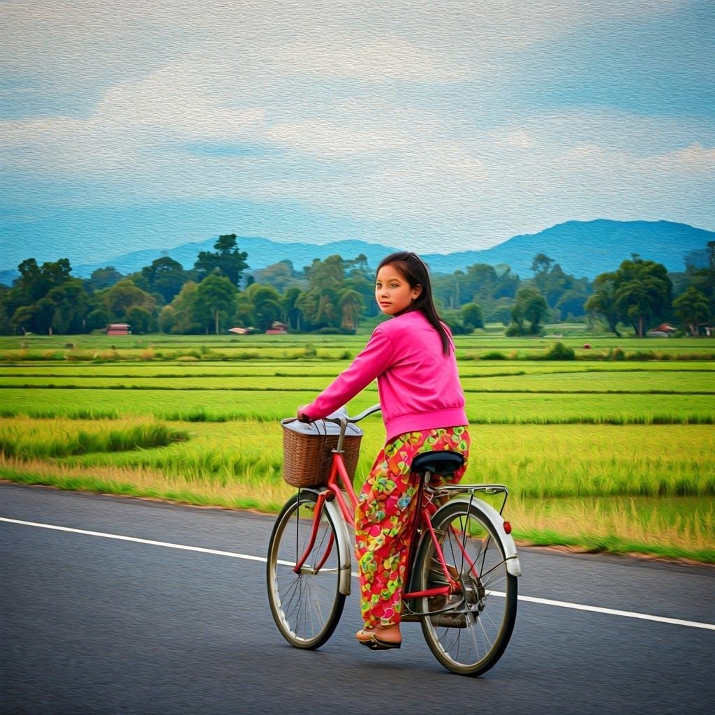 Myanmar Girl Cycling in Acrylic Art Style
