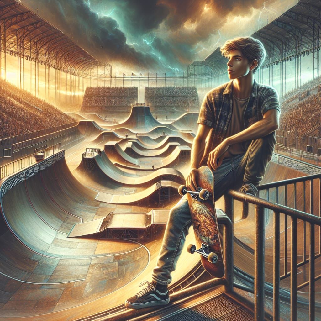 Skateboarder Resting at Circuit in Maximalist Style