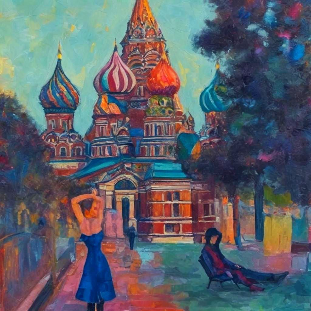 Psychedelic Woman Lounging near St. Basil's Cathedral