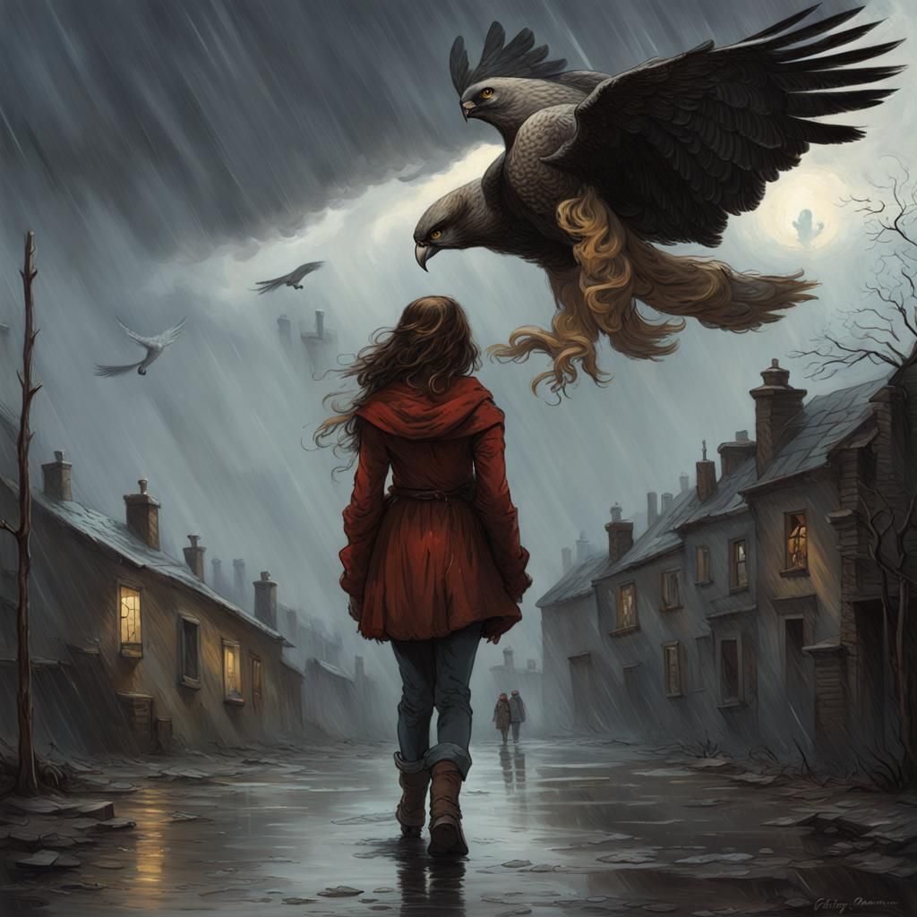 Teenage Girl and Falcon in Stormy Weather