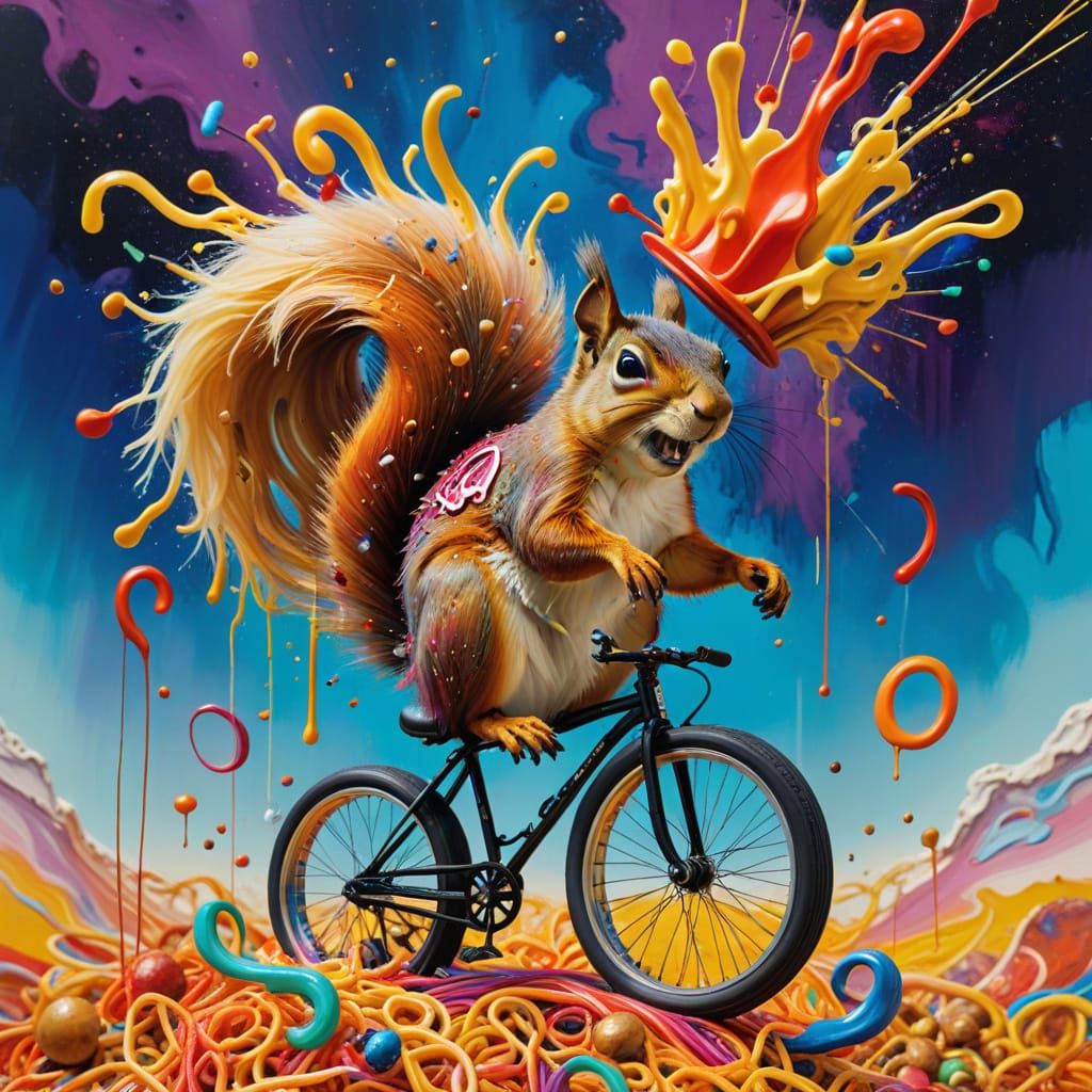 Vibrant Surrealist Squirrel on Rainbow Unicycle