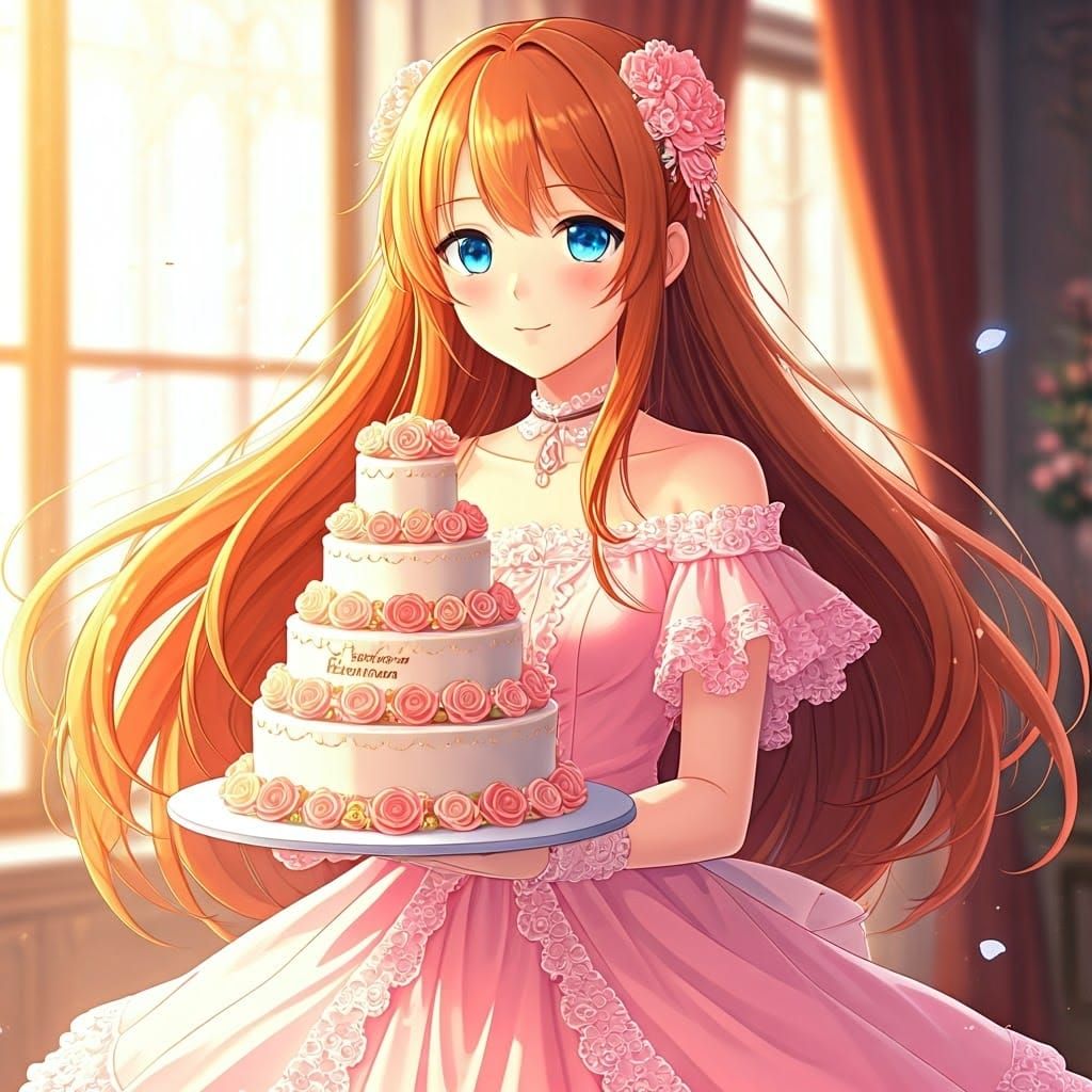 Anime Girl in Pink Gown Holds Birthday Cake