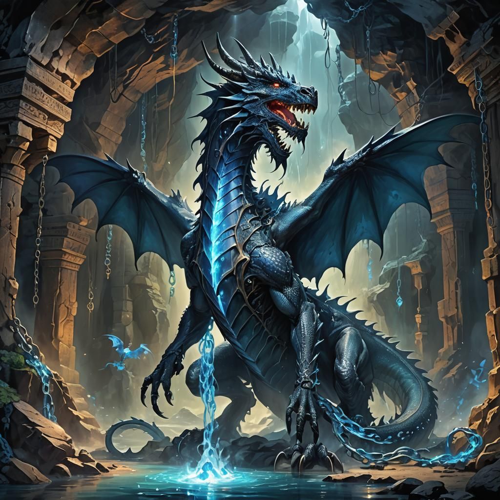 Blue Fire Dragon Shackled in a Cave