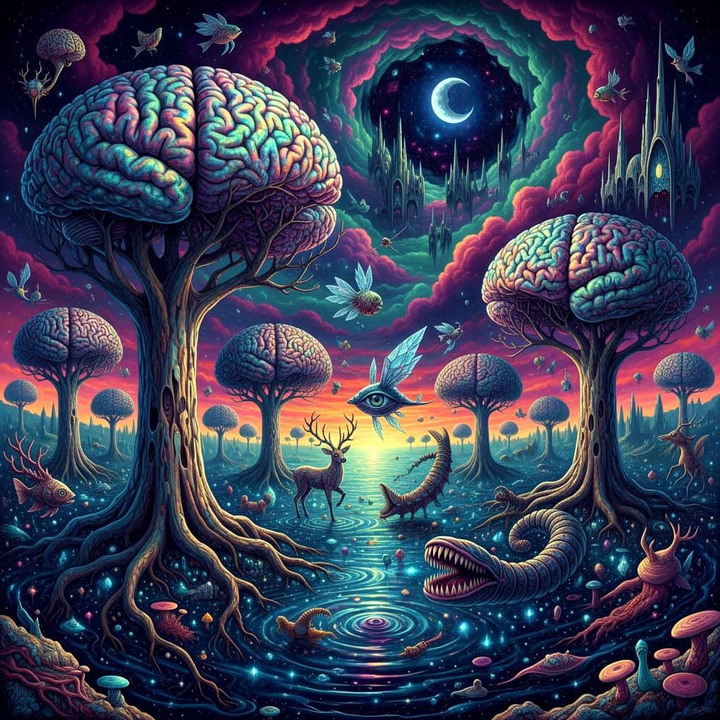 Surreal Brain-Canopy Trees in Liquid Starlight Sea