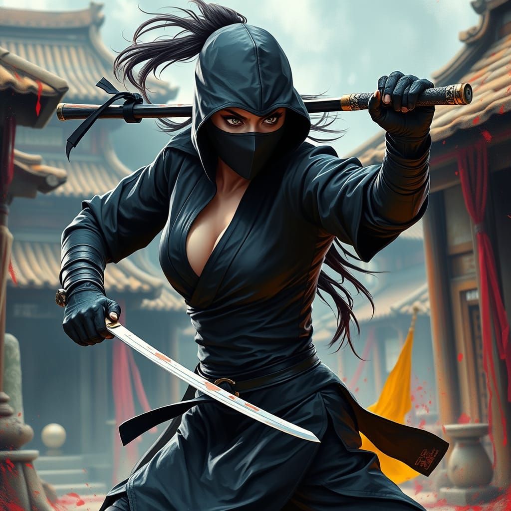 Fierce Ninja in Ancient Village, Hyperrealistic Splash Art