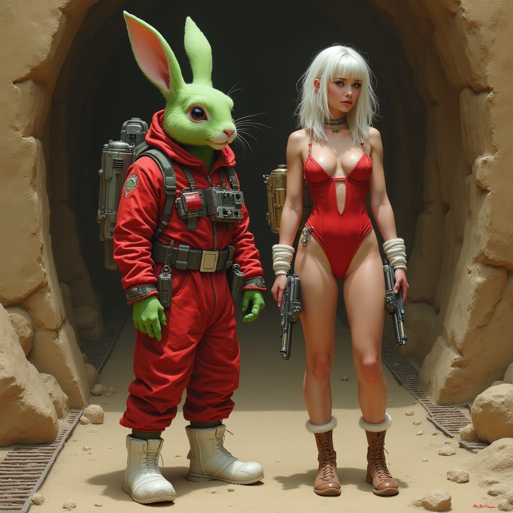 Sci-Fi Rabbit Warrior and Woman in Sandstone Chamber