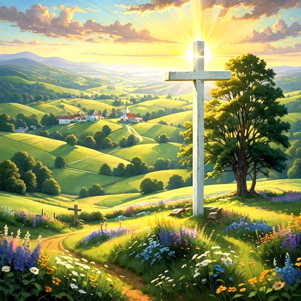 White Cross in Pennsylvania Field with Sunbeams
