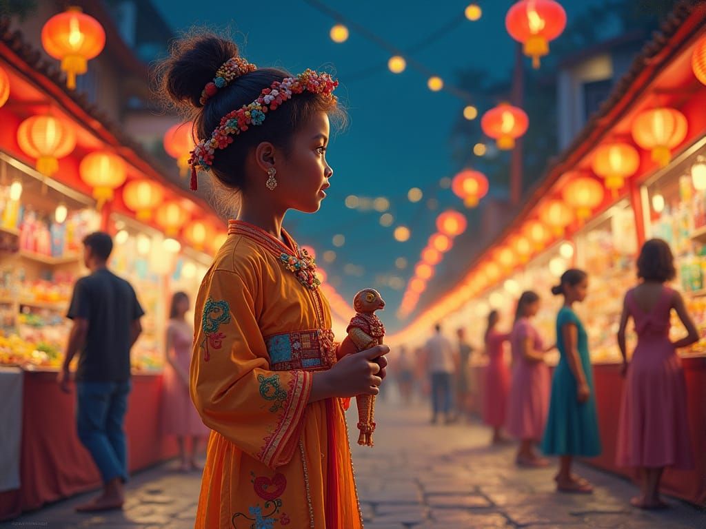 Joyful Child in Festival Attire with Wooden Toy