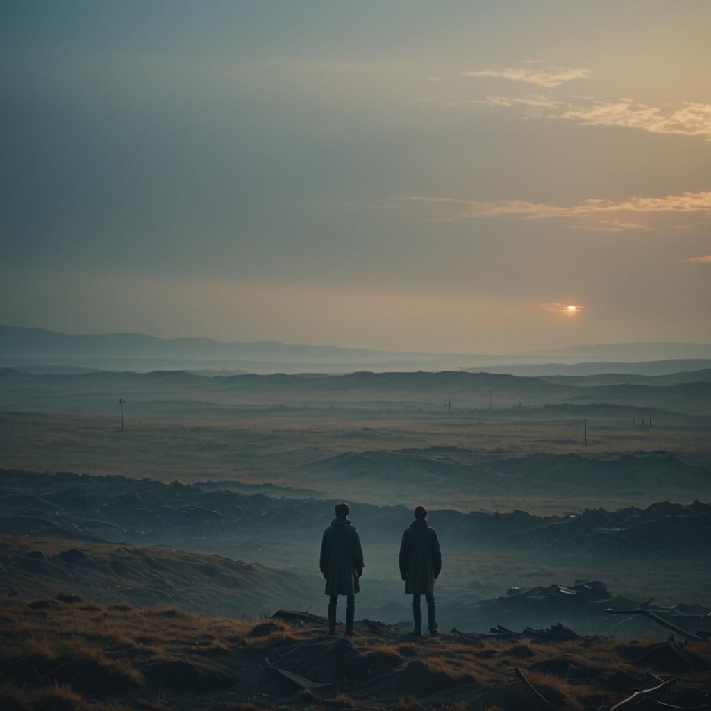 Lone Figure in Misty Landscape: Cinematic Still