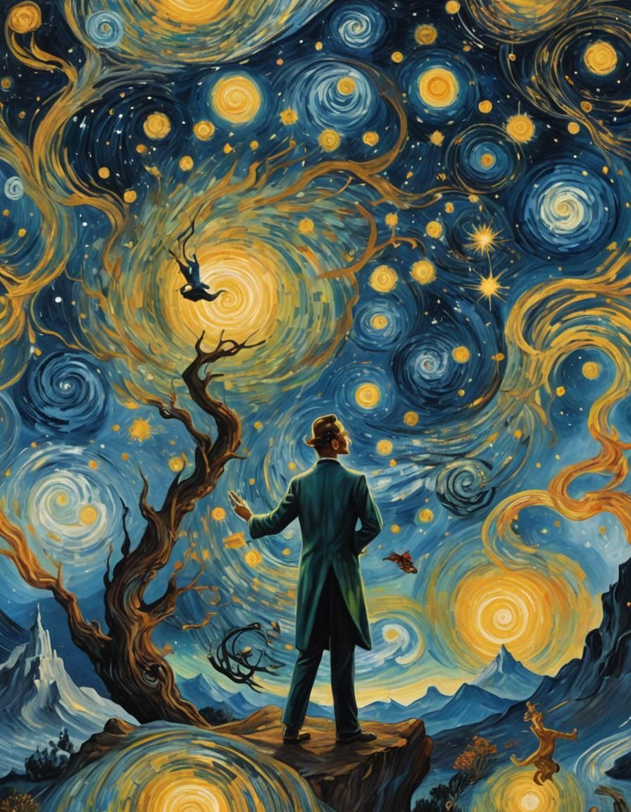 Cosmic Dreamscape Inspired by Van Gogh and Dalí