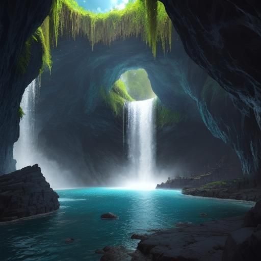 Fantasy Cavern with Waterfall, Photorealistic Style