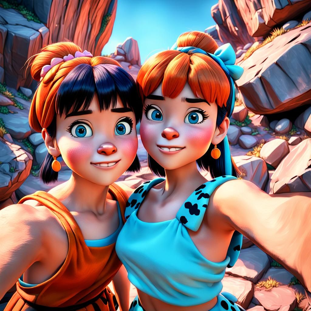 Fred Flintstone and Wilma in anime style taking a selfie. 3D...