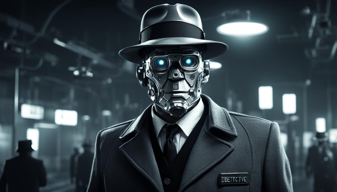 Cyborg Detective in Noir-Style Futuristic Murder Scene