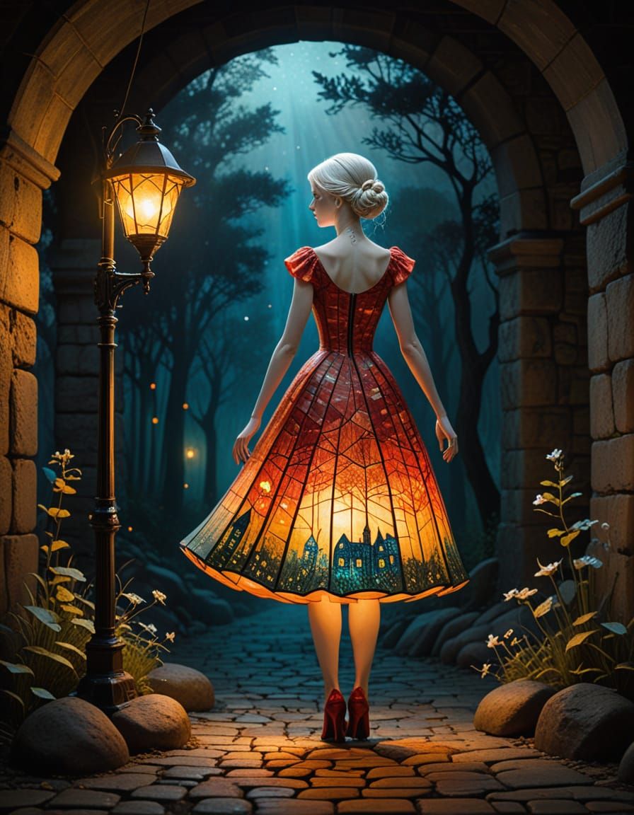 Albino Woman in Village with Tiffany Lamp Light