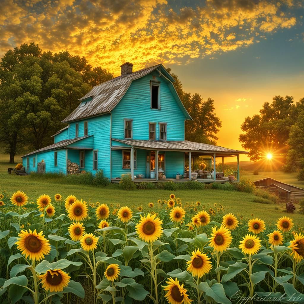 Vibrant Sunrise Over Farm With Family Harvesting