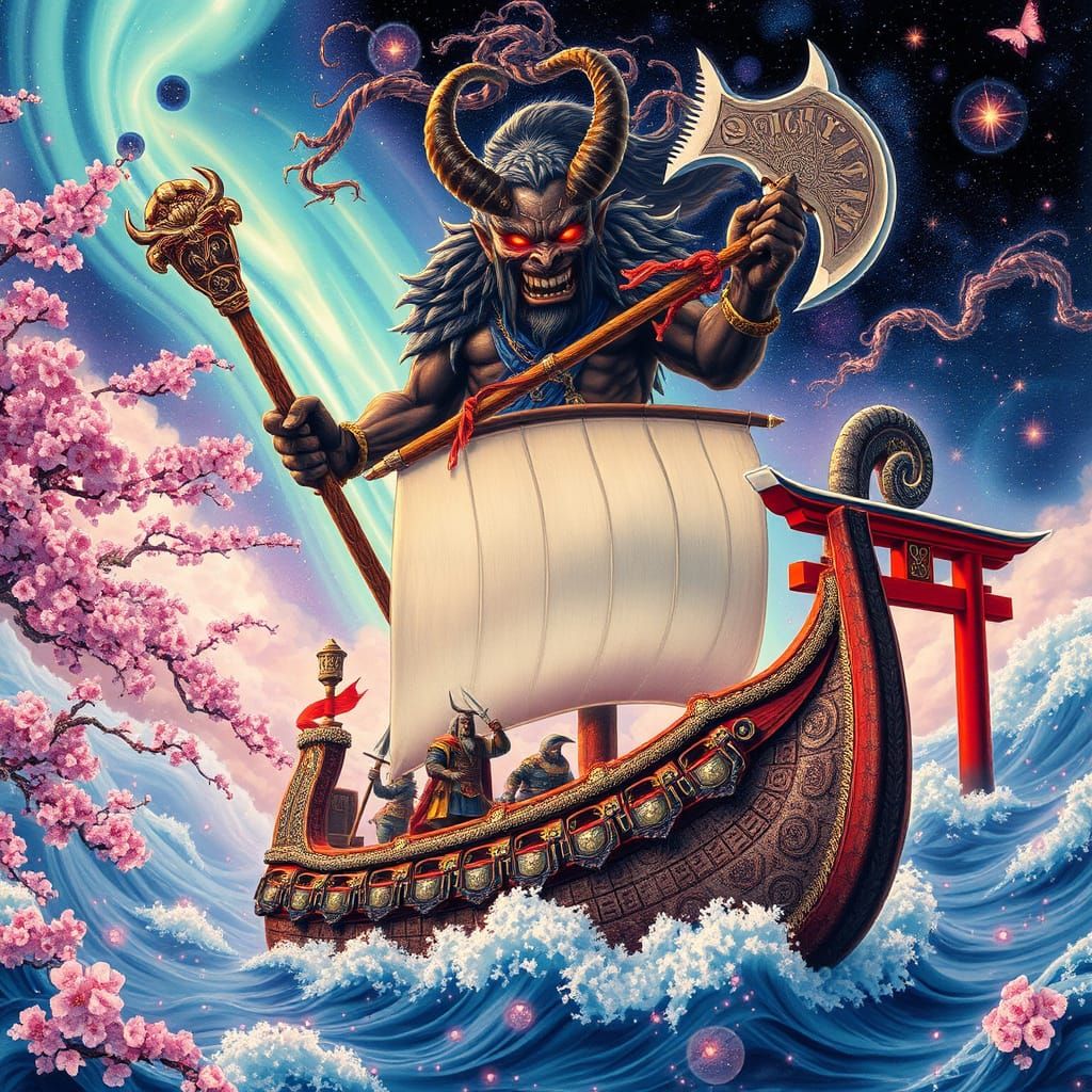 Surreal Fusion of Japanese and Viking Mythology in Vibrant T...