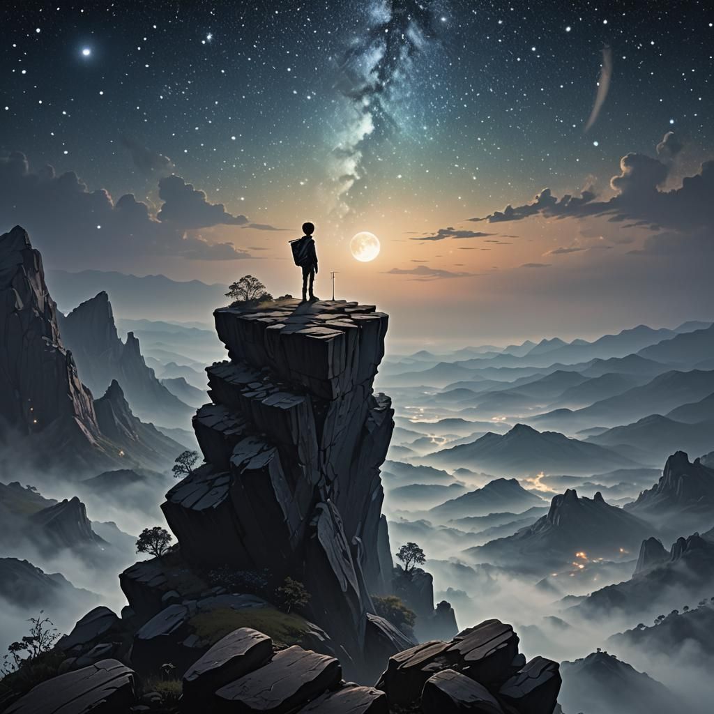 Child Gazing at Starry Sky in Dreamlike Landscape