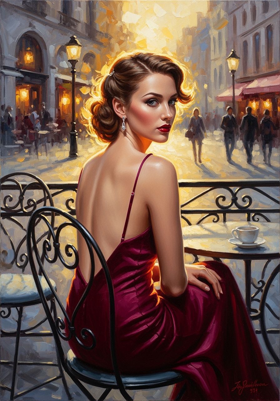 Elegant Woman in Burgundy Gown at Dusk Cafe
