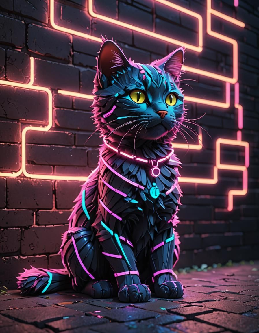 Neon Cat on Brick Wall: 3D Anime Art