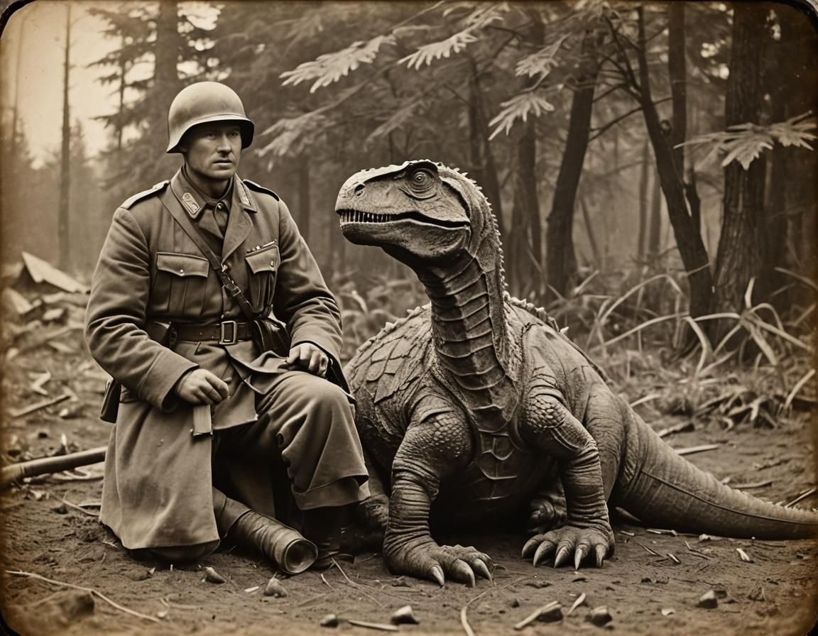 WWII Soldier on Dinosaur in Antarctica: Vintage Photo