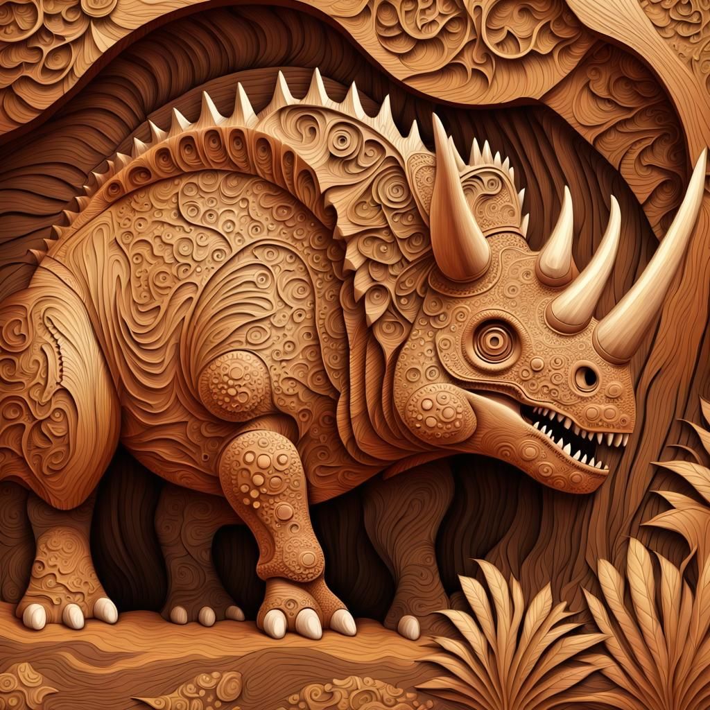 Wood Carved Triceratops Dinosaur in Jungle Scene