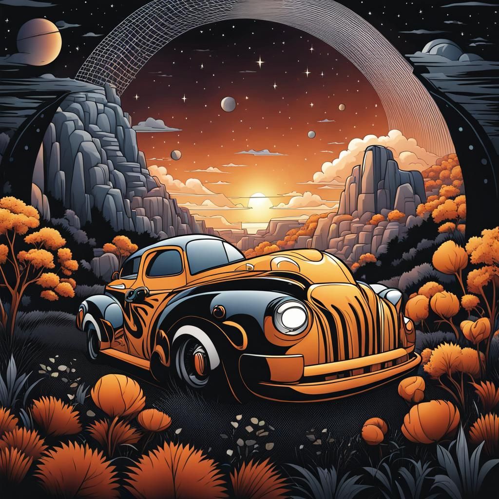 Cartoon Car in Tomorrow Land: Coloring Page