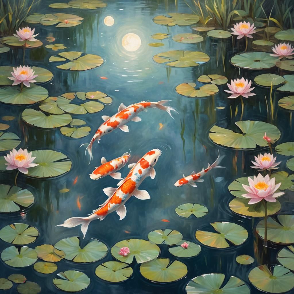 Impressionist Koi Fish Pond Reflecting Moonlight