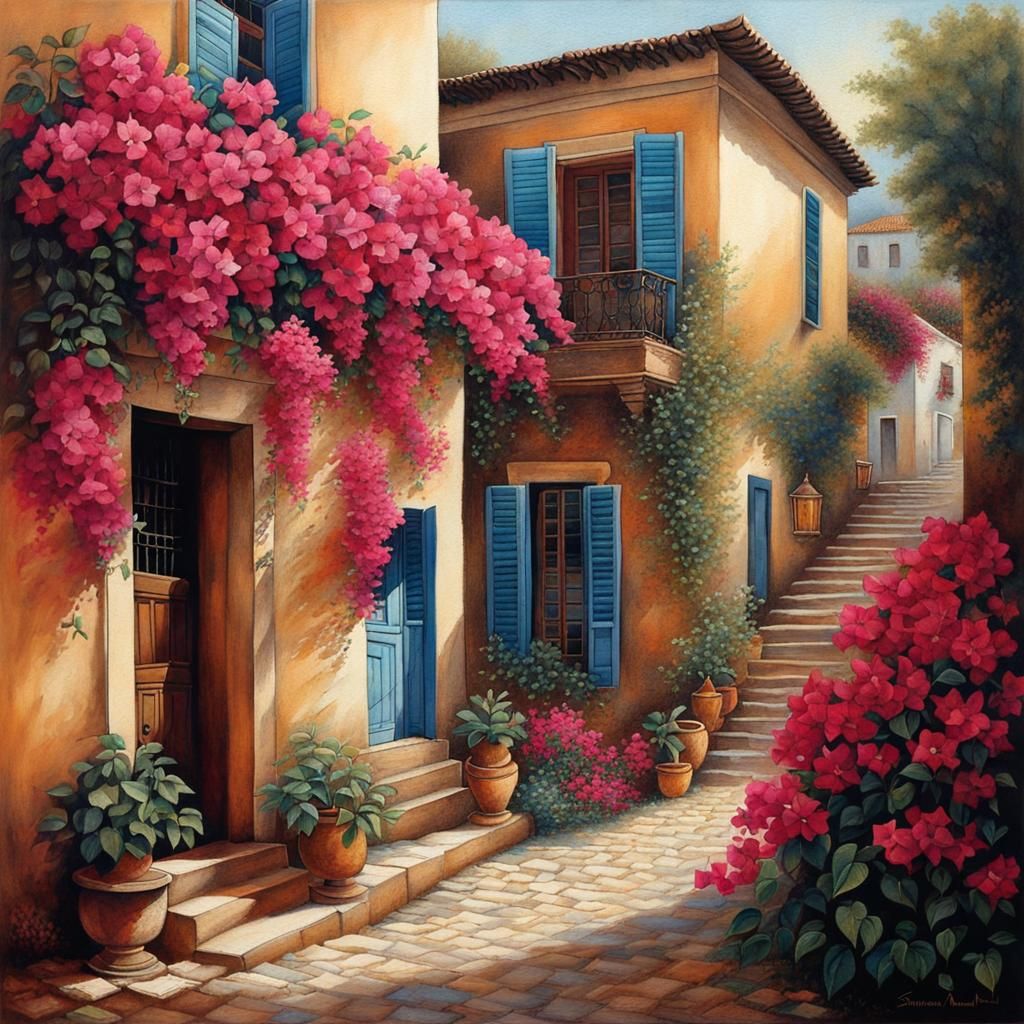 Colonial House on Cobbled Street with Bougainvilleas