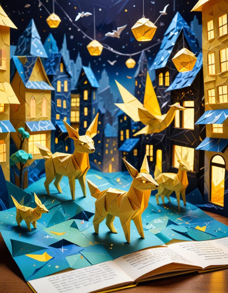 Origami Animals Explore Pop-Up City in Oil Painting Style