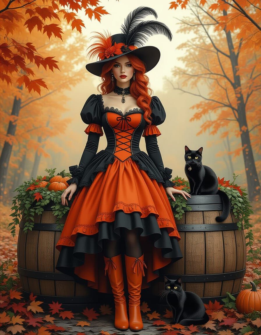 Stunning Halloween Woman with Elegant Hat & Cat