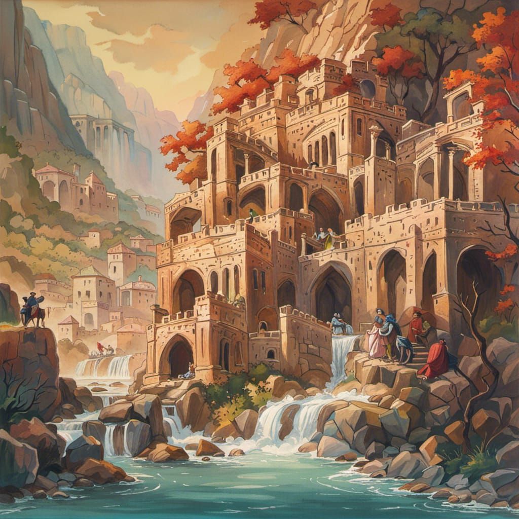 Medieval Canyon City in Watercolor Style